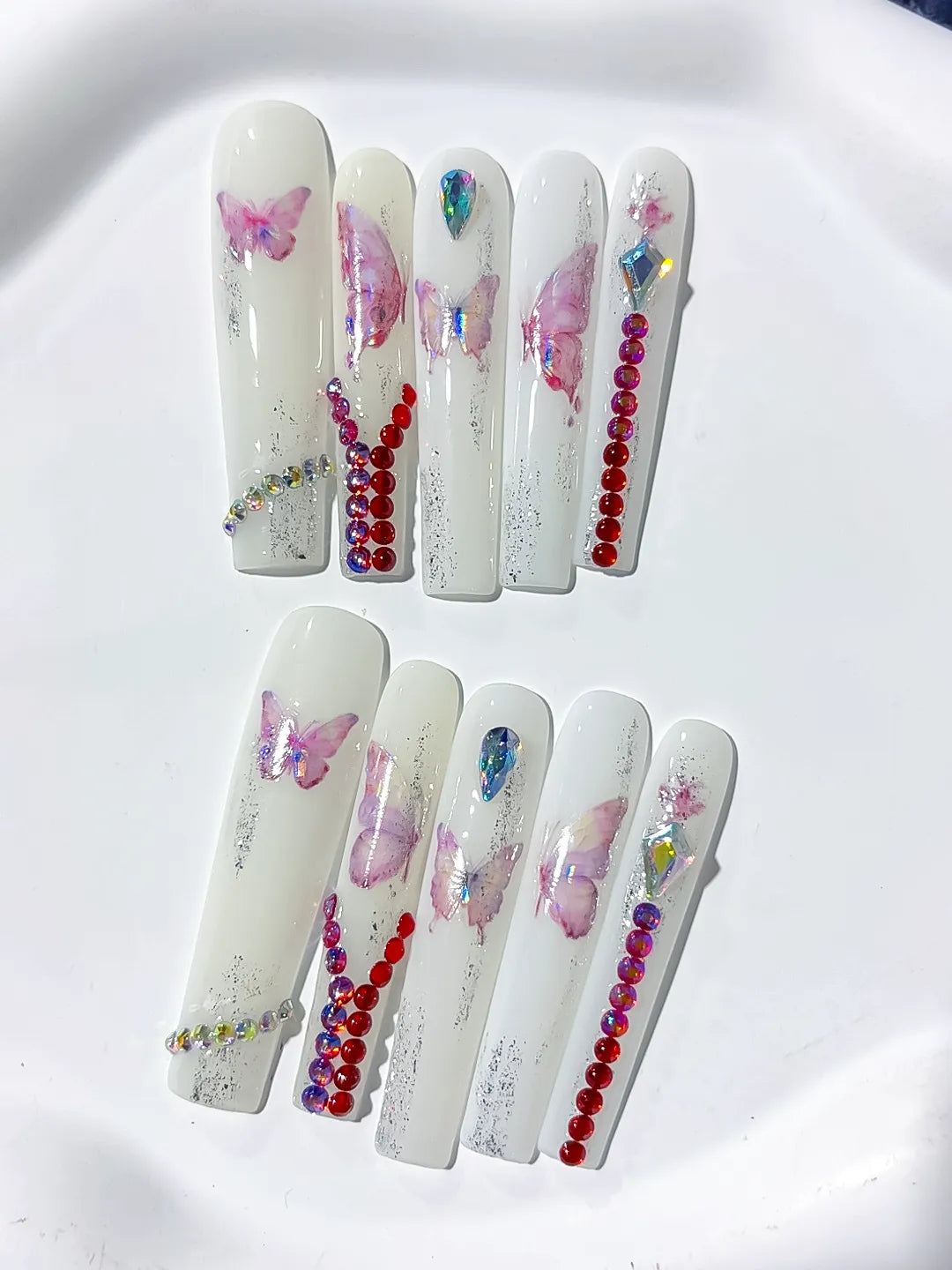 Long White Pink Square Solid color Butterfly Rhinestone