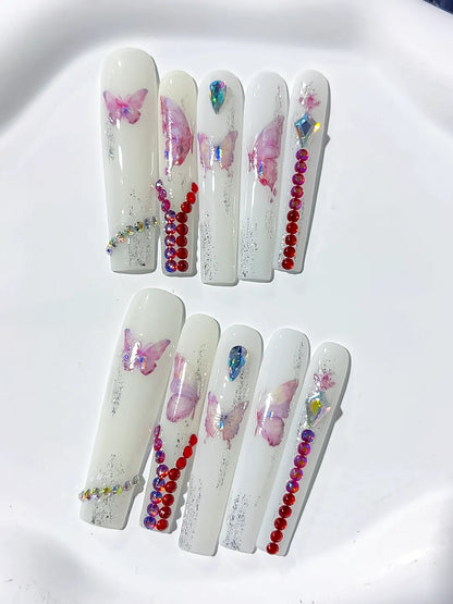 Long White Pink Square Solid color Butterfly Rhinestone
