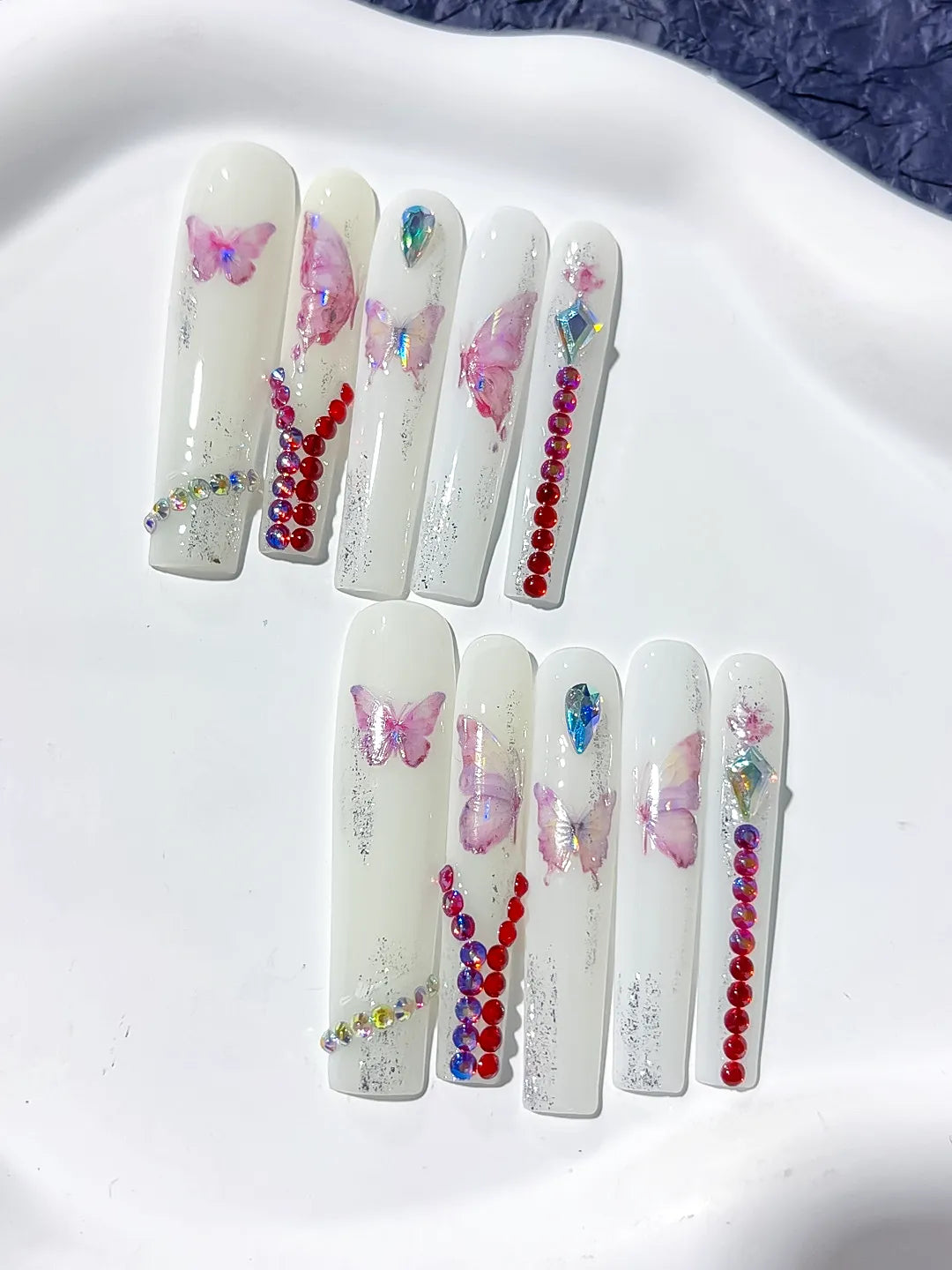 Long White Pink Square Solid color Butterfly Rhinestone