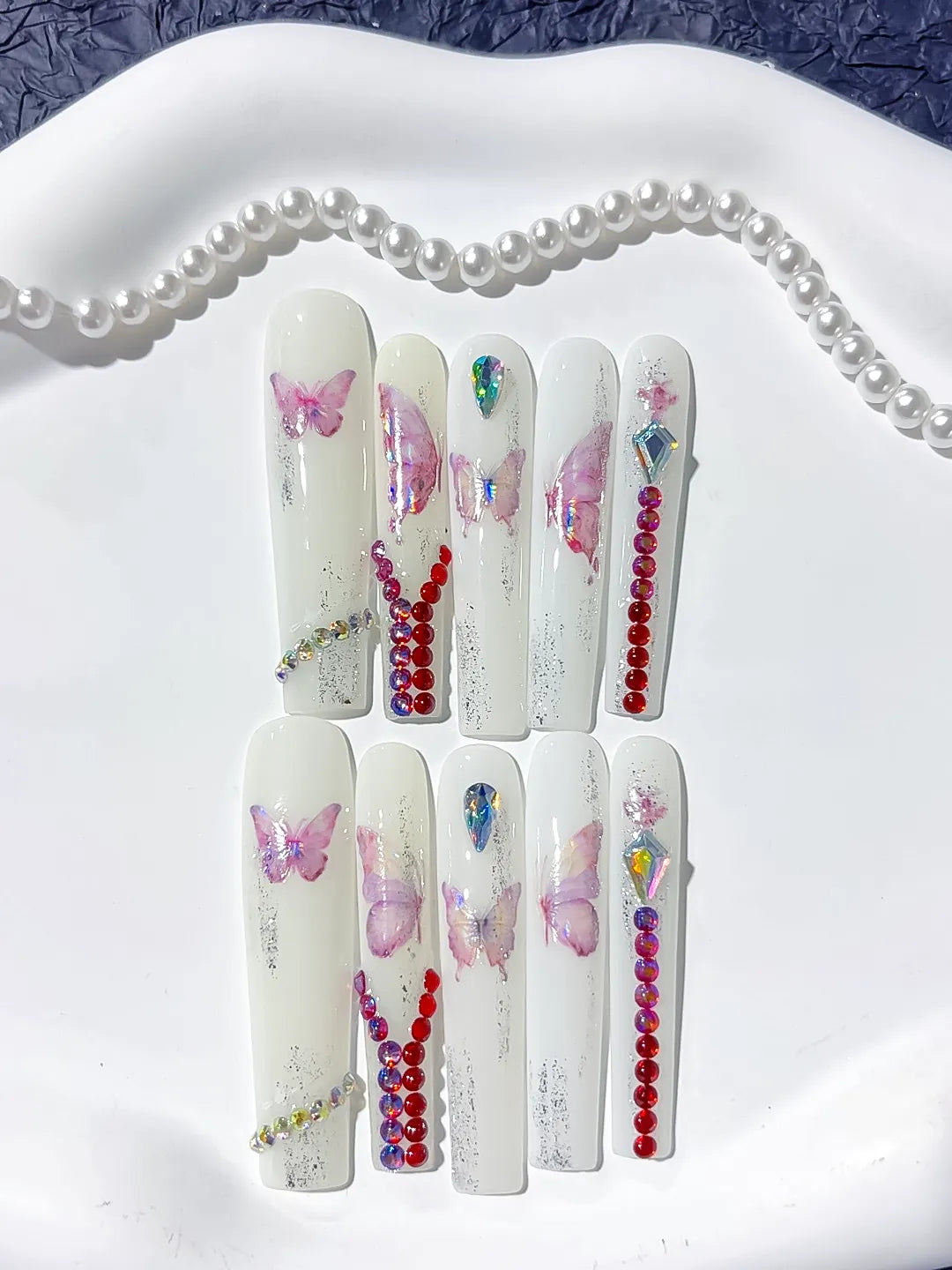 Long White Pink Square Solid color Butterfly Rhinestone