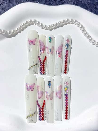 Long White Pink Square Solid color Butterfly Rhinestone