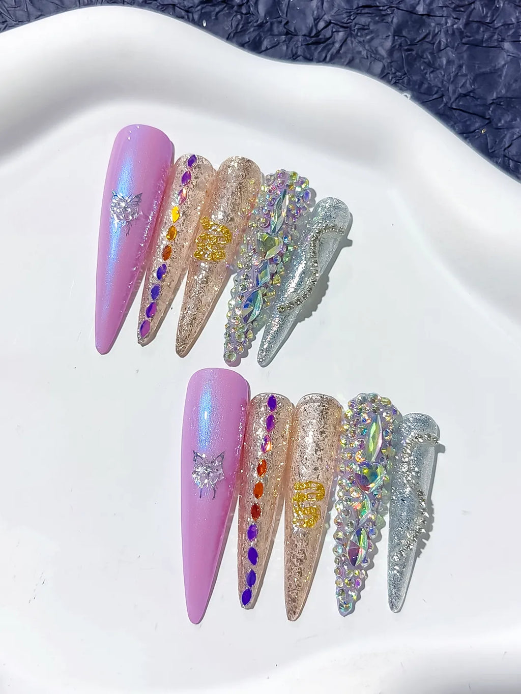 Long Purple Gold Stiletto Glitter Butterfly Rhinestone