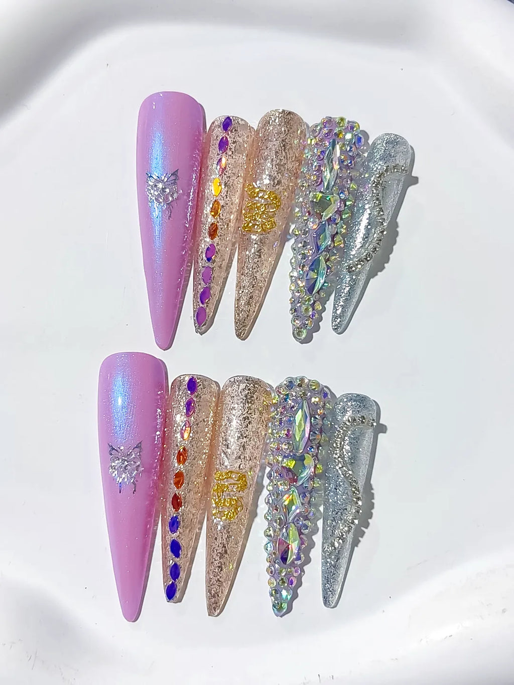 Long Purple Gold Stiletto Glitter Butterfly Rhinestone