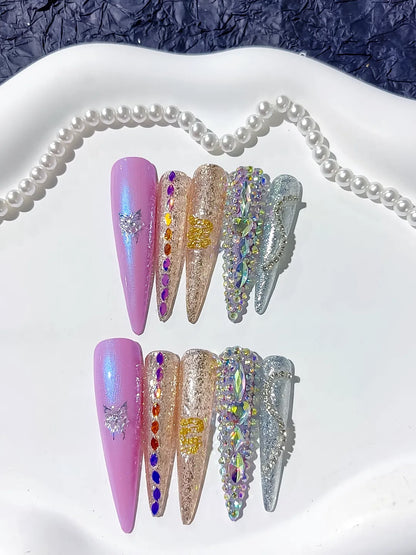 Long Purple Gold Stiletto Glitter Butterfly Rhinestone