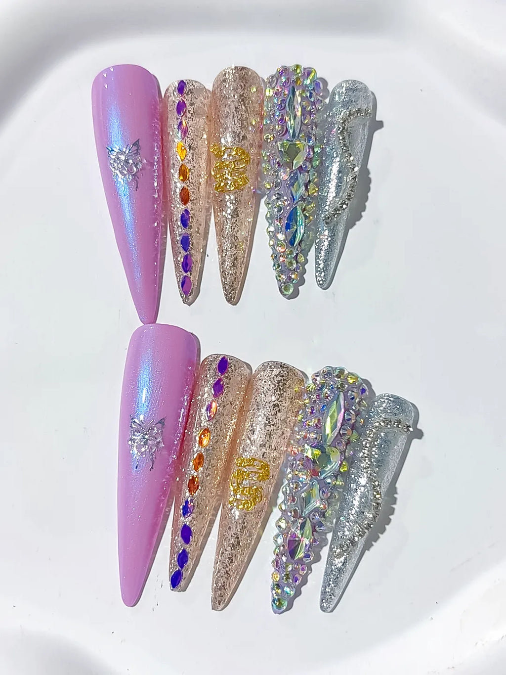 Long Purple Gold Stiletto Glitter Butterfly Rhinestone