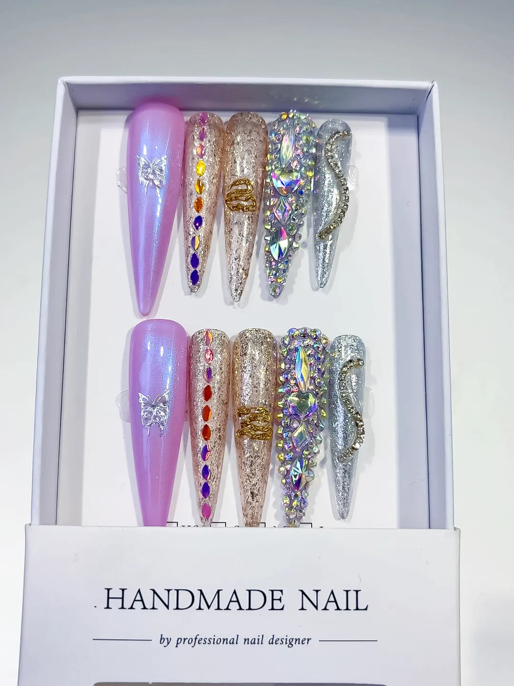 Long Purple Gold Stiletto Glitter Butterfly Rhinestone