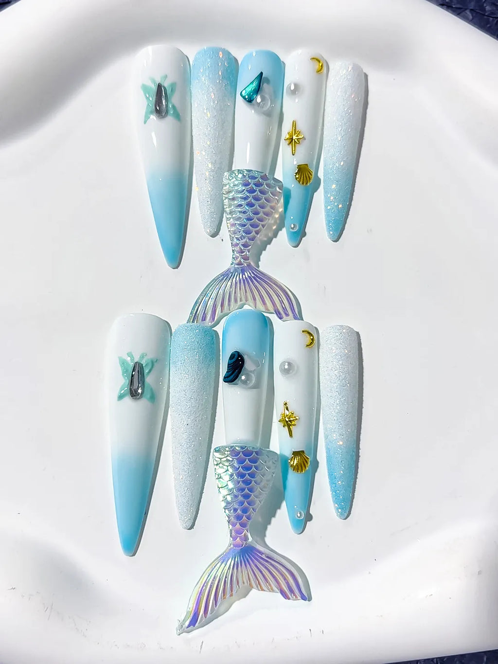 Long White Blue Stiletto Ombre Mermaid Tail Shell