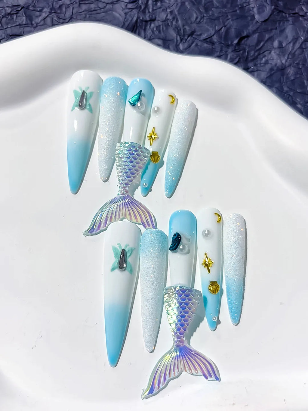 Long White Blue Stiletto Ombre Mermaid Tail Shell