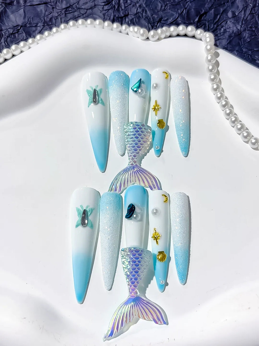 Long White Blue Stiletto Ombre Mermaid Tail Shell