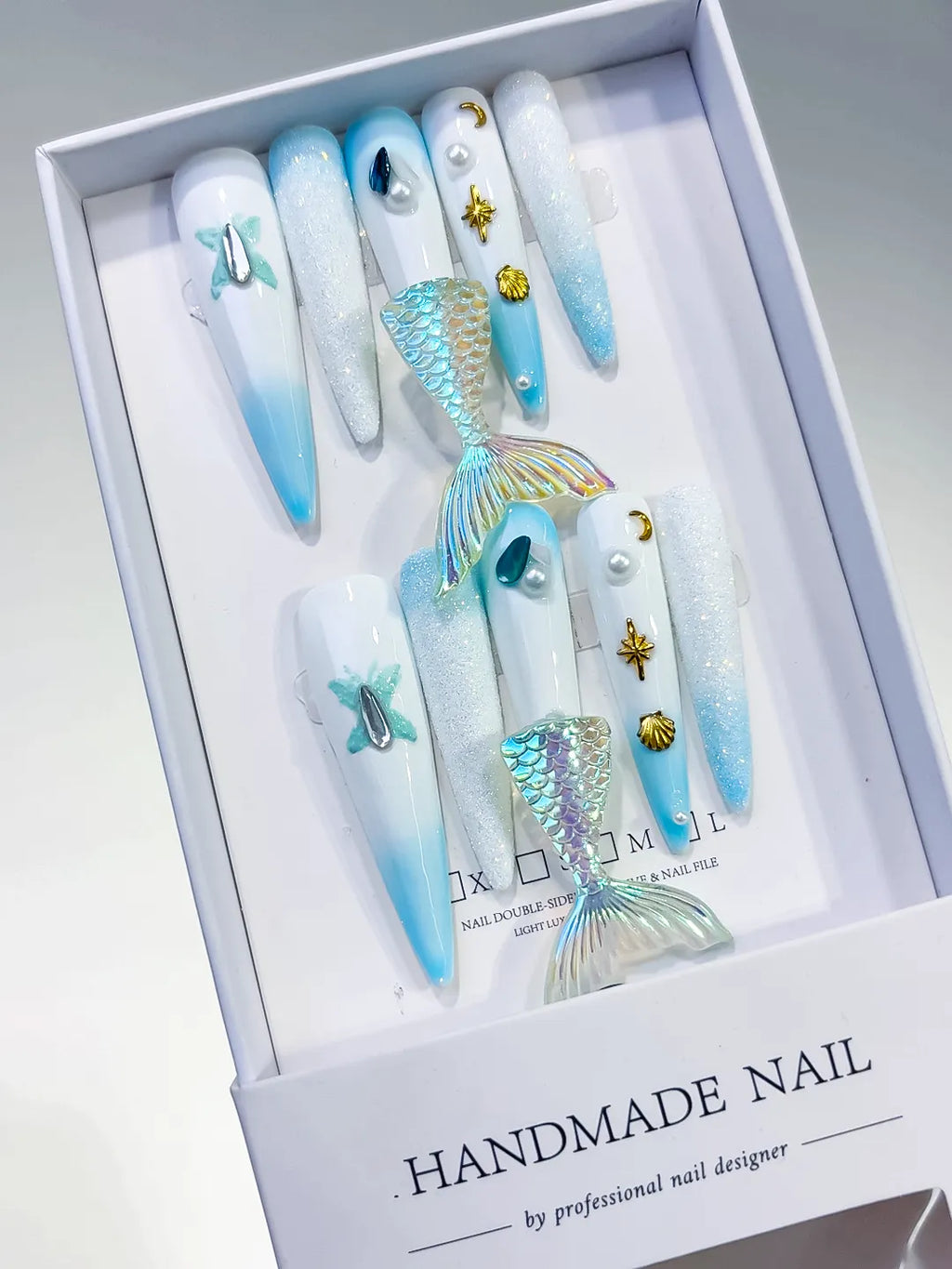 Long White Blue Stiletto Ombre Mermaid Tail Shell