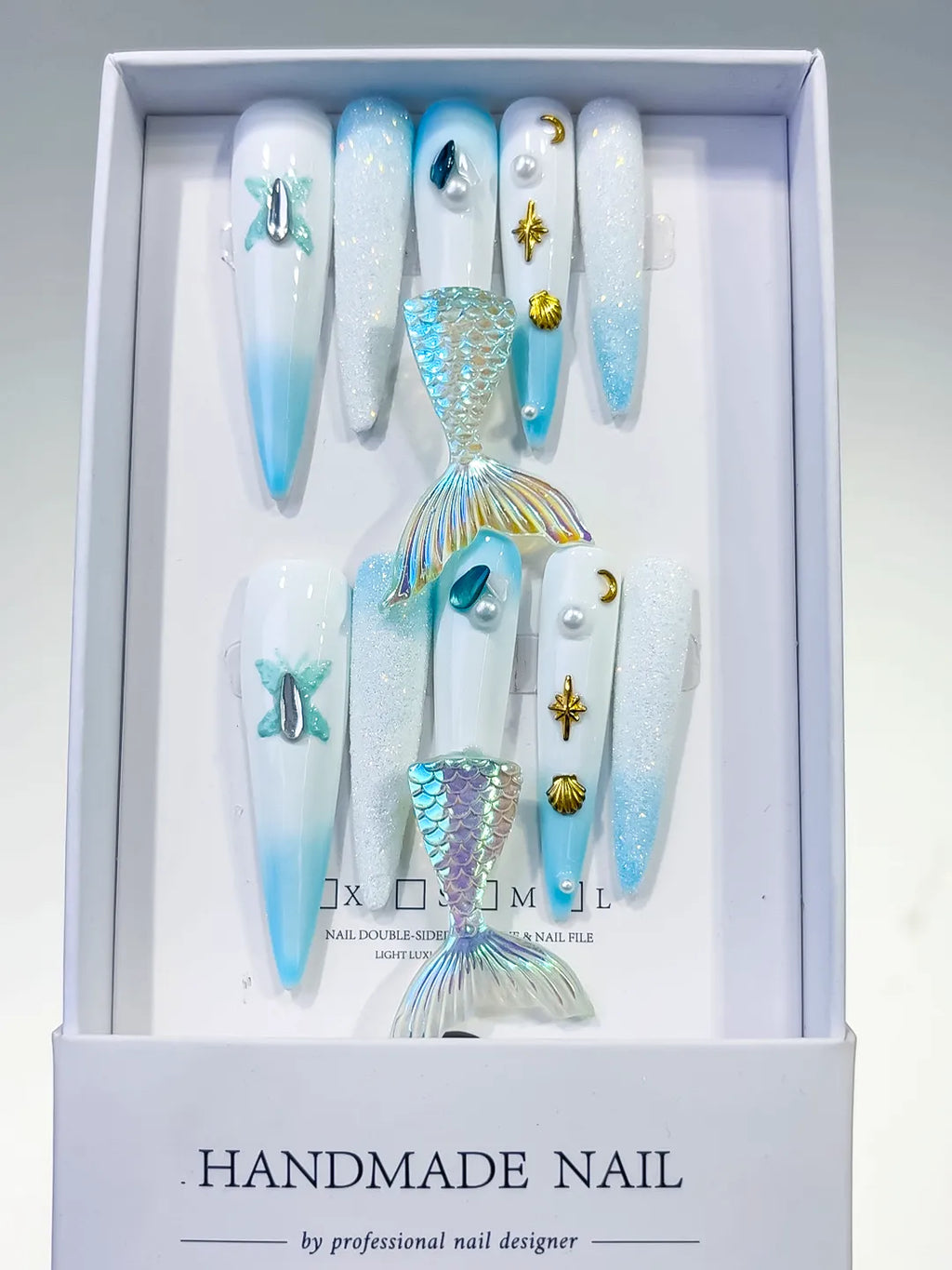 Long White Blue Stiletto Ombre Mermaid Tail Shell