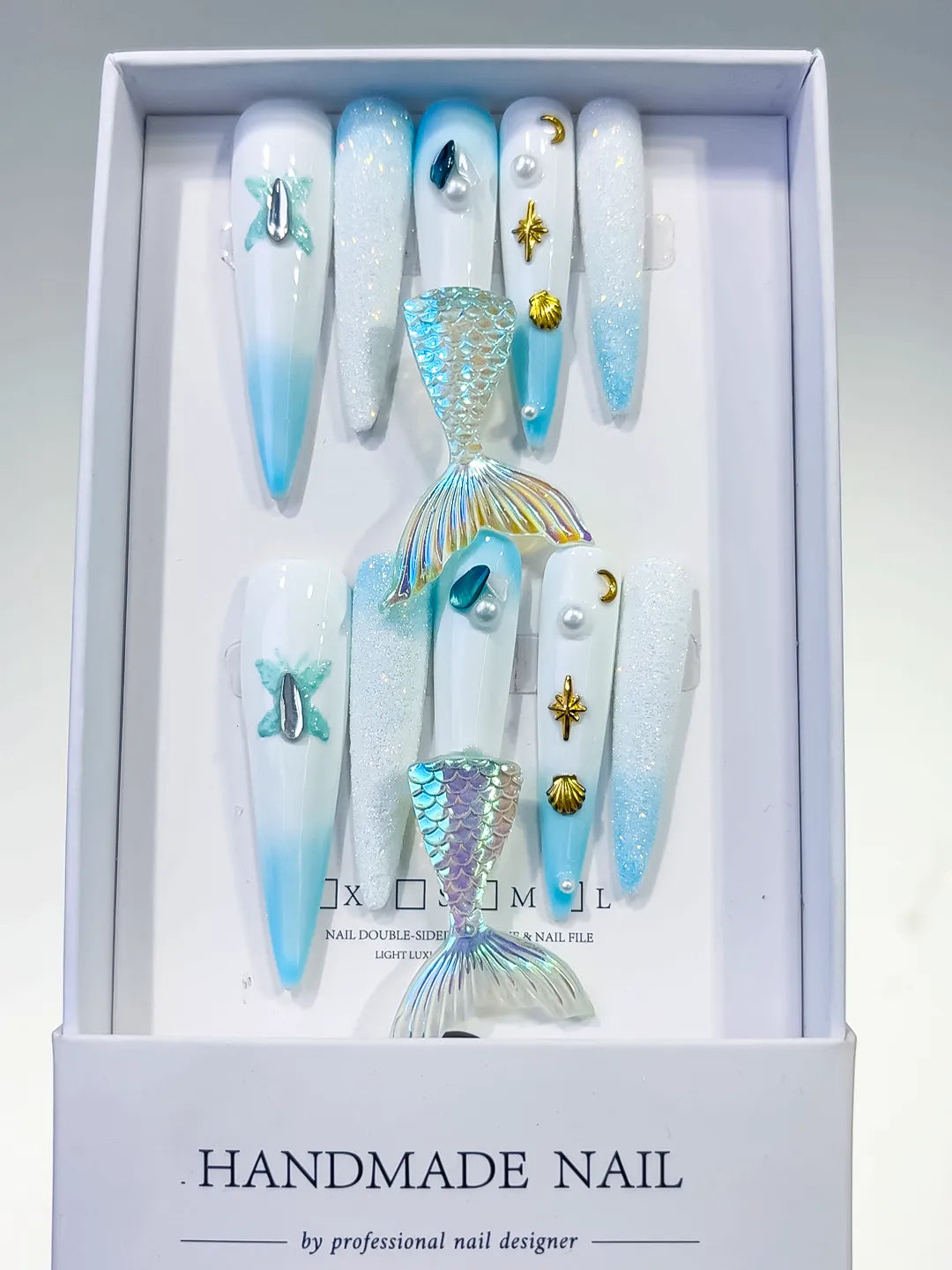 Long White Blue Stiletto Ombre Mermaid Tail Shell