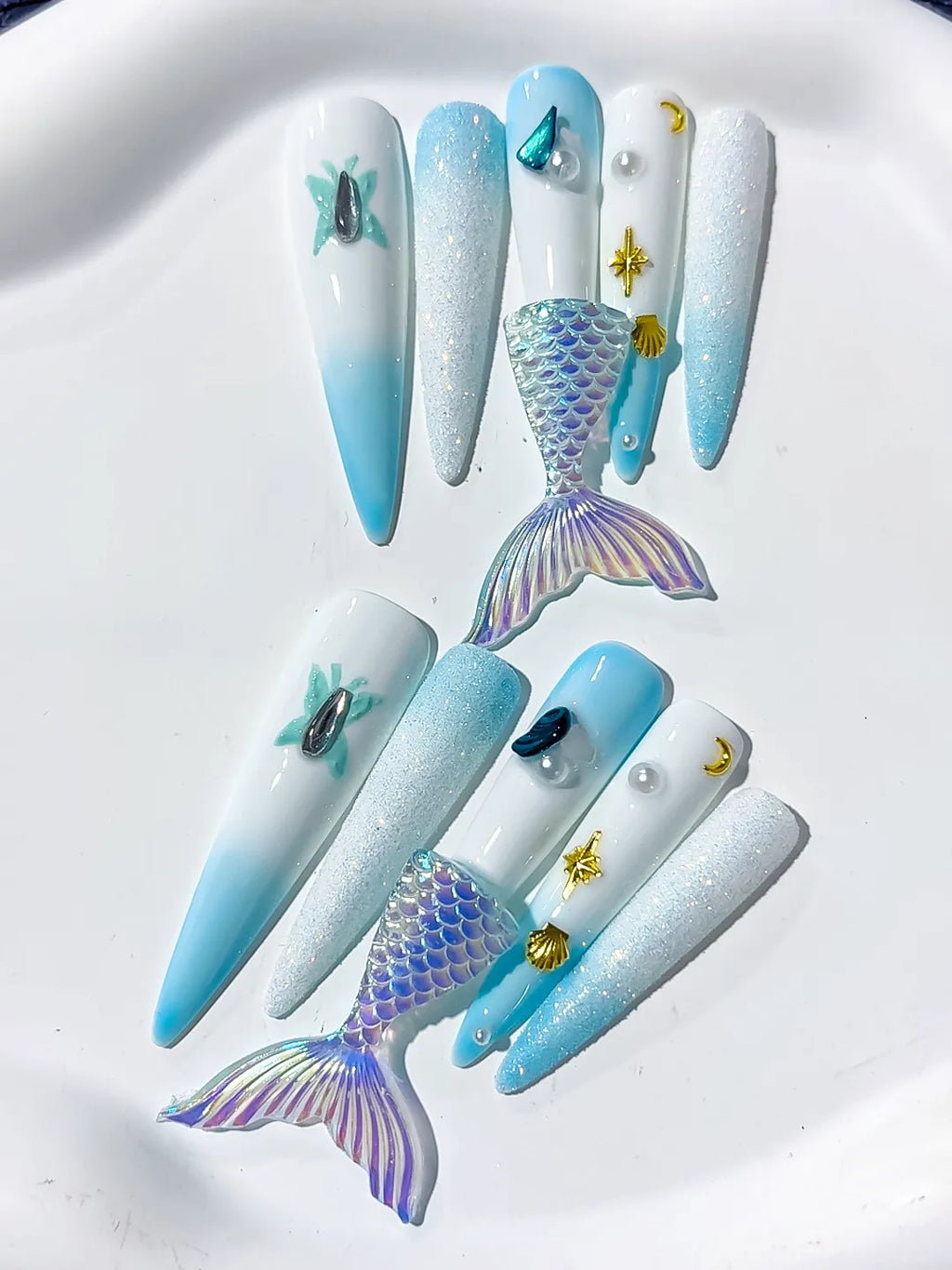 Long White Blue Stiletto Ombre Mermaid Tail Shell