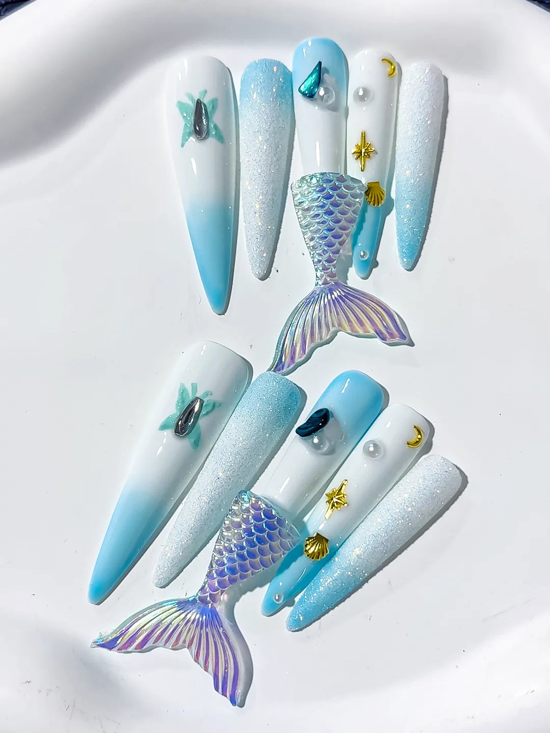 Long White Blue Stiletto Ombre Mermaid Tail Shell