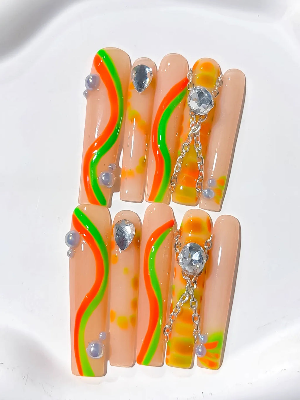 Long Nude Orange Square Abstract Chain Rhinestone