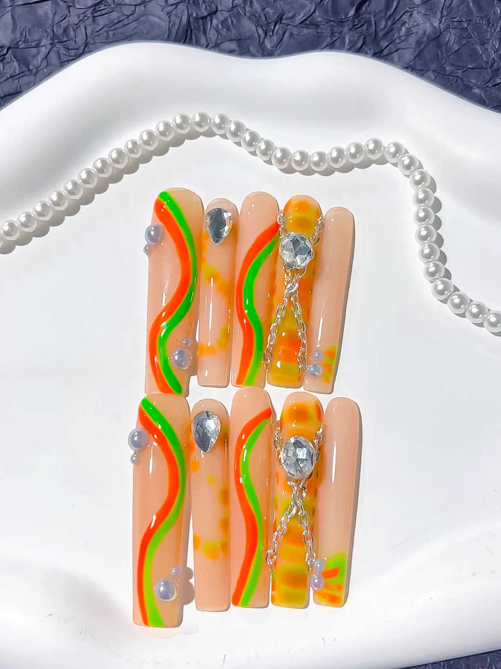 Long Nude Orange Square Abstract Chain Rhinestone