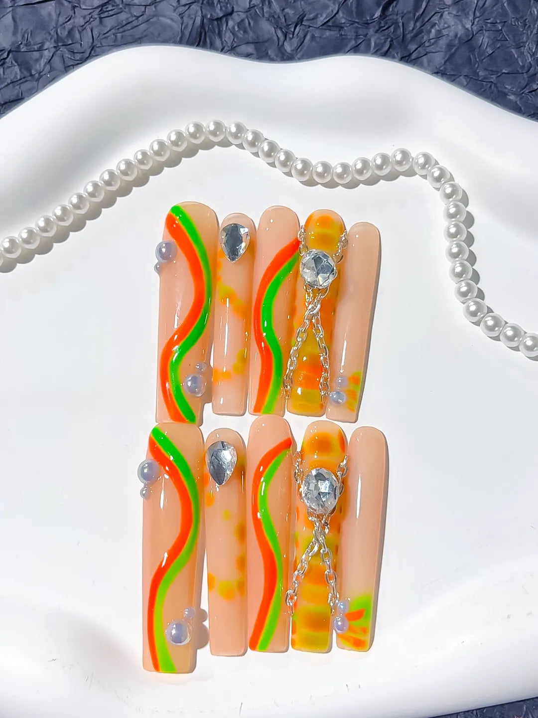 Long Nude Orange Square Abstract Chain Rhinestone