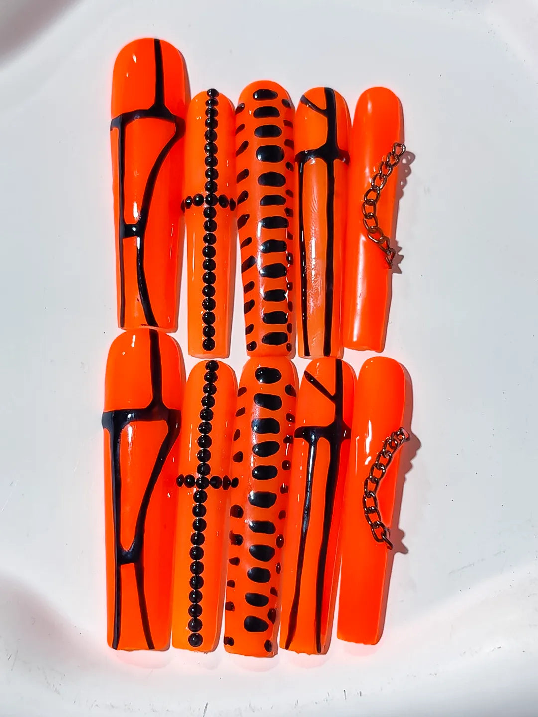 Long Orange Black Square Abstract Chain Stud