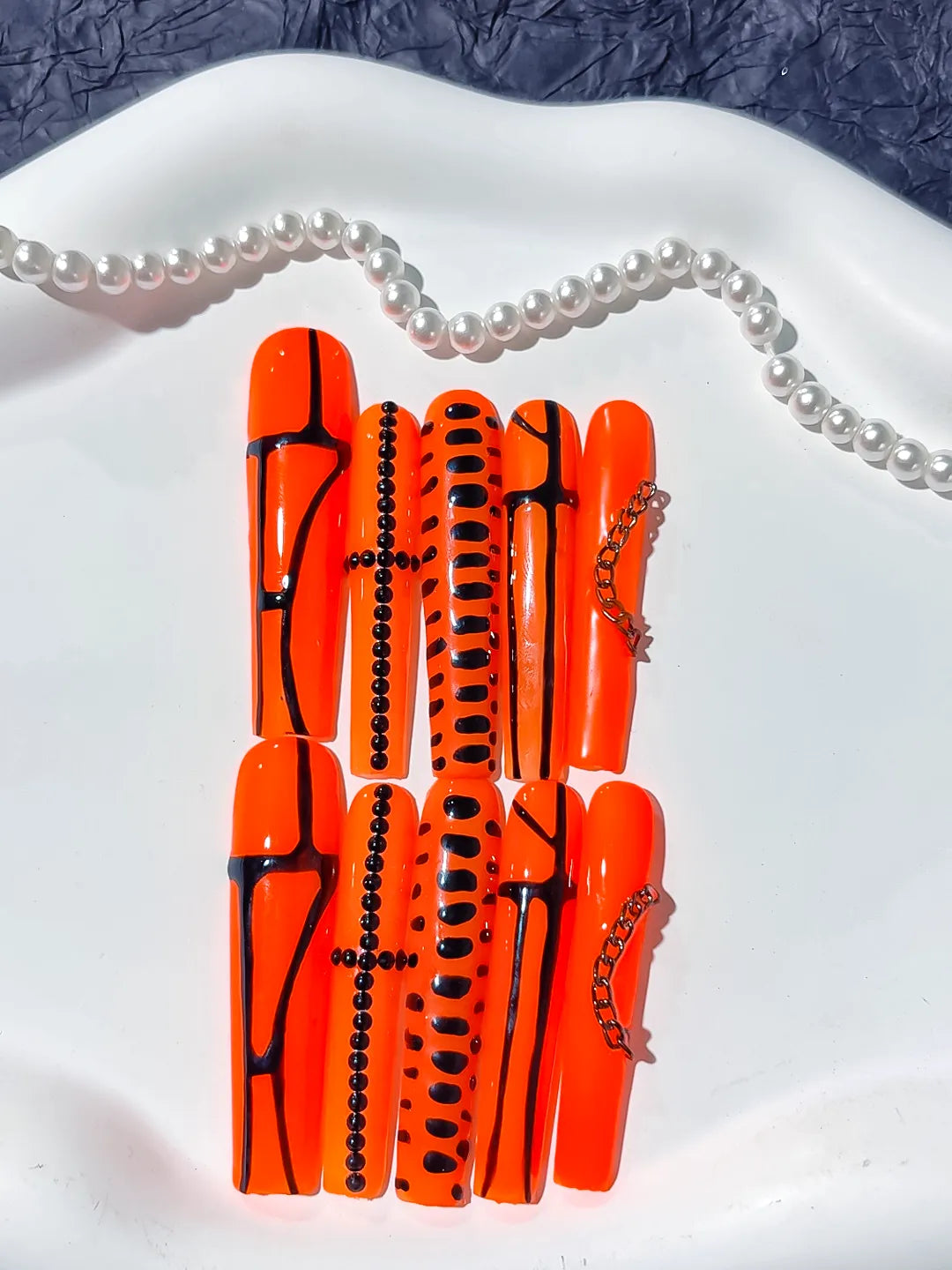 Long Orange Black Square Abstract Chain Stud