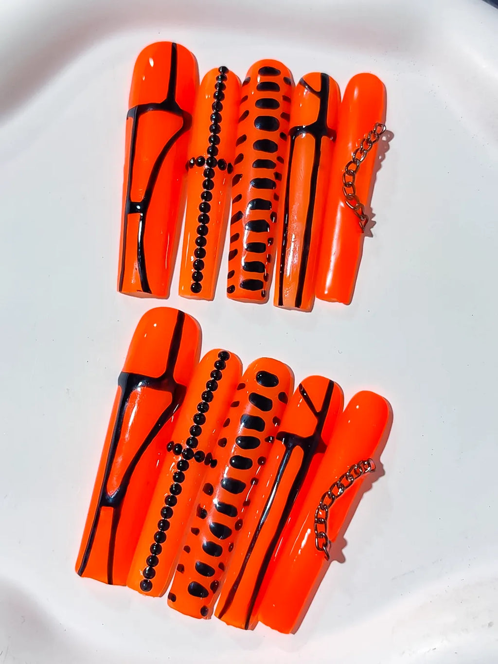 Long Orange Black Square Abstract Chain Stud