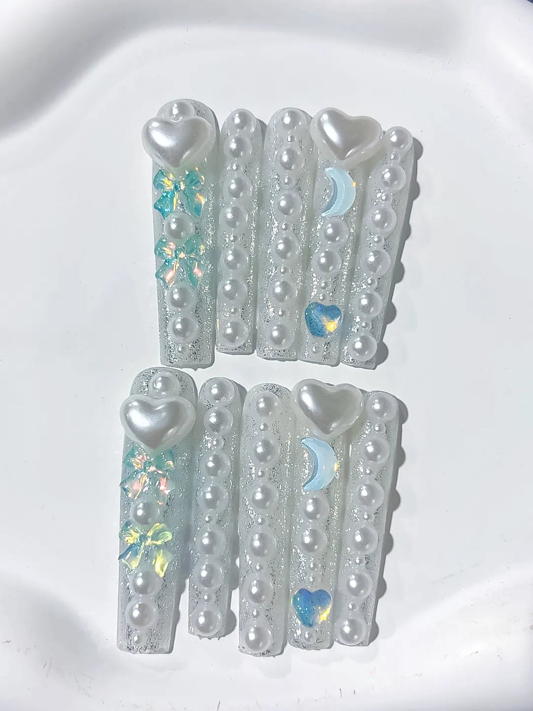 Long White Multicolor Square Holographic Heart Rhinestone