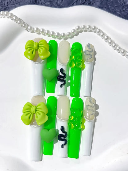 Long White Green Square Solid color Bow Heart
