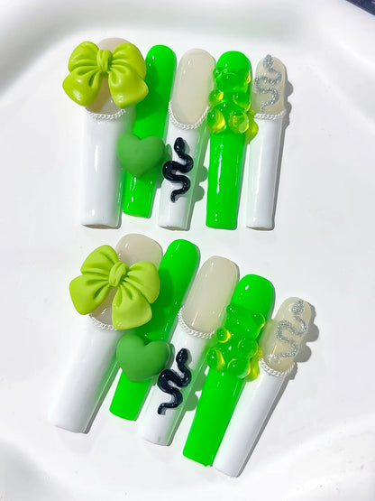 Long White Green Square Solid color Bow Heart
