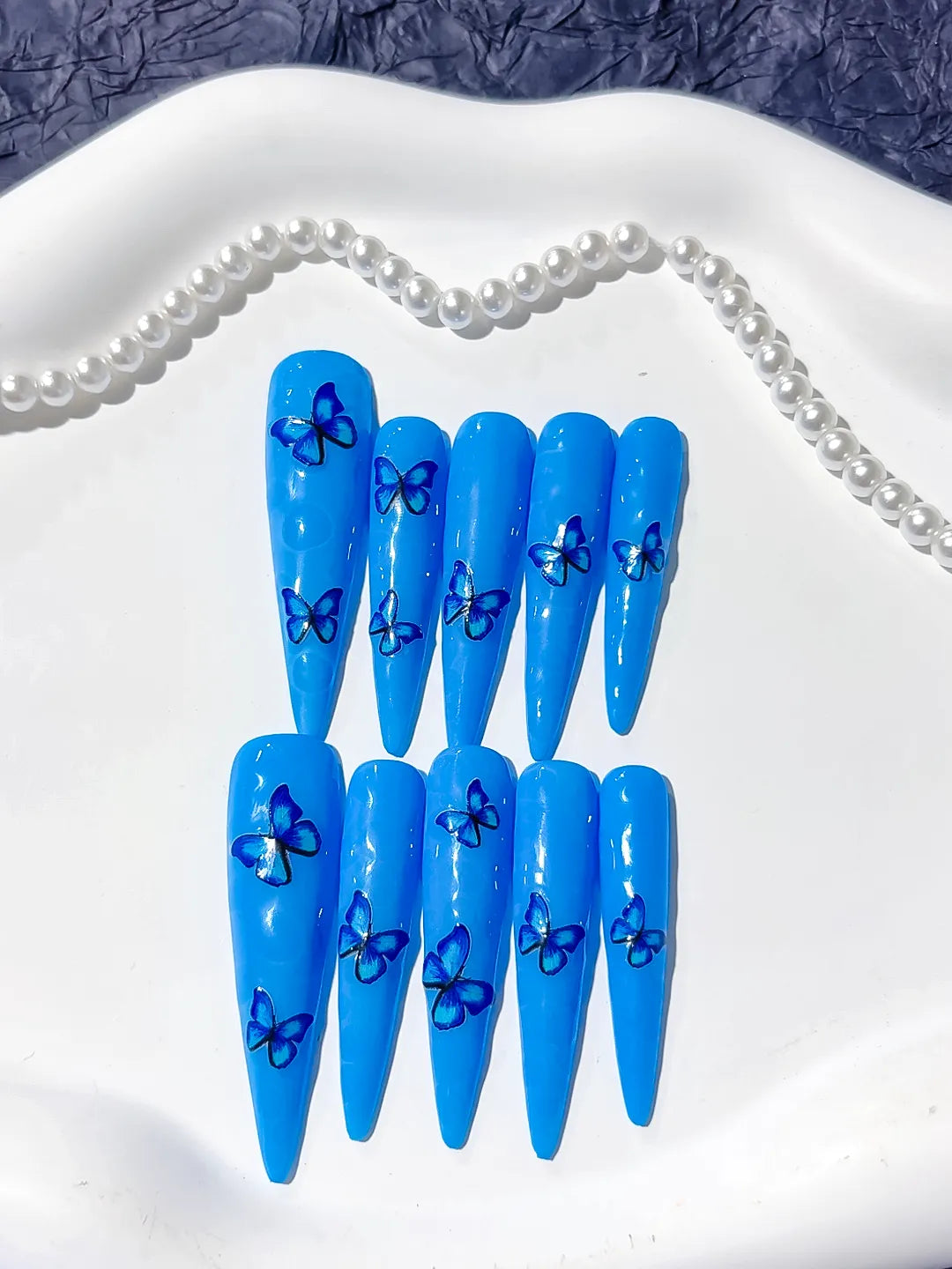 Long Blue Silver Stiletto Metallic Rhinestone