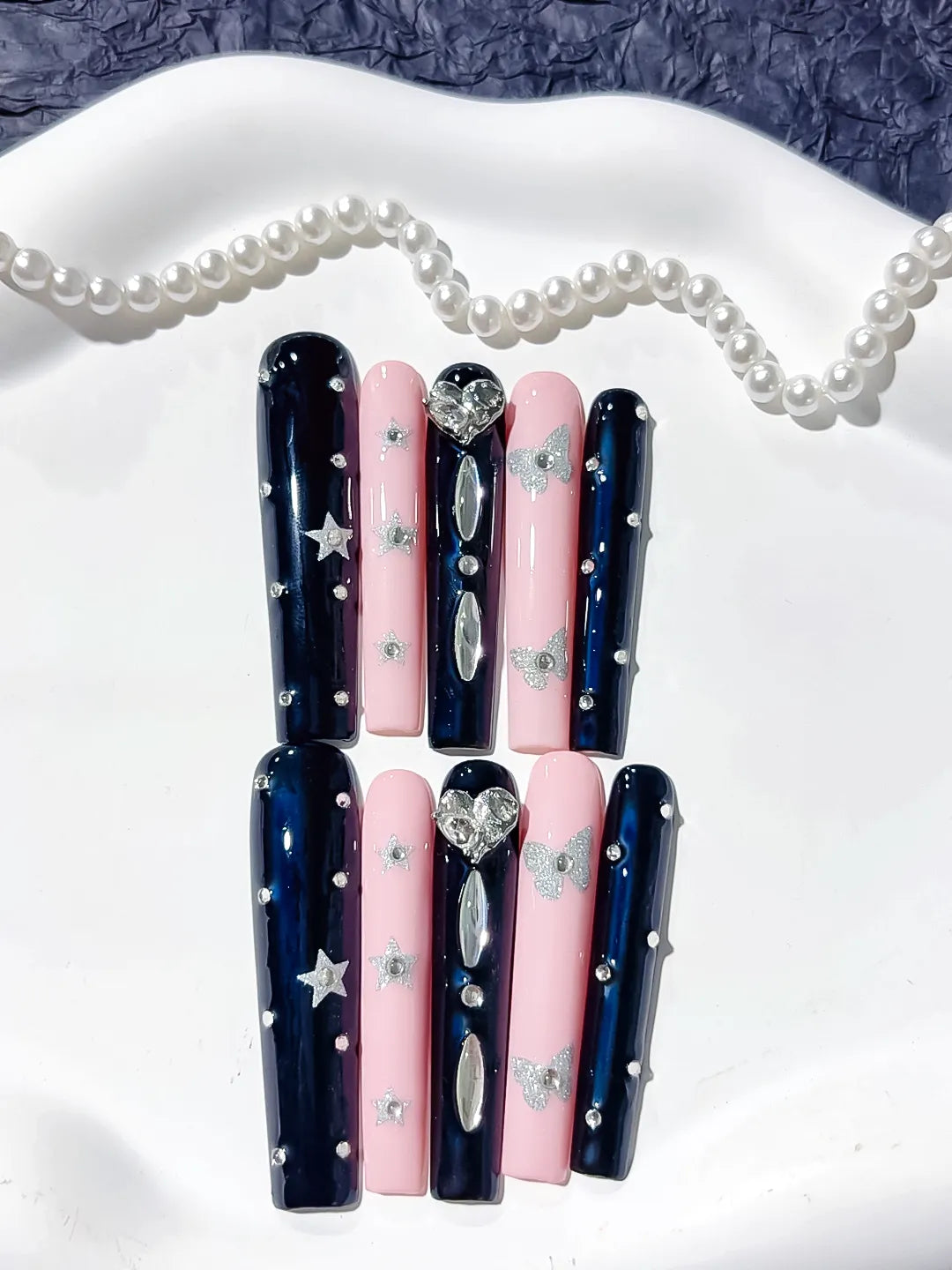 Long Black Pink Square Solid color Star Bow