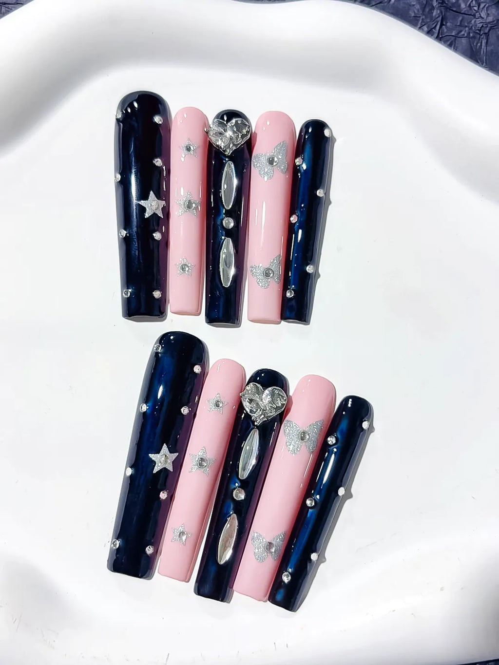 Long Black Pink Square Solid color Star Bow