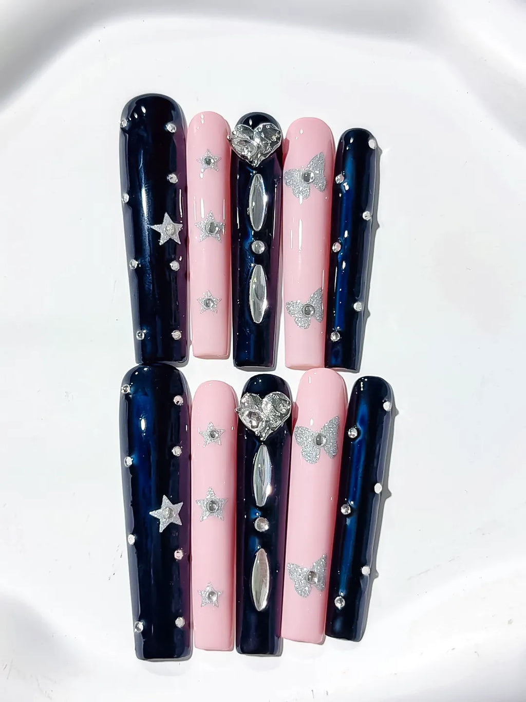 Long Black Pink Square Solid color Star Bow