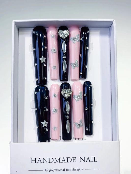 Long Black Pink Square Solid color Star Bow