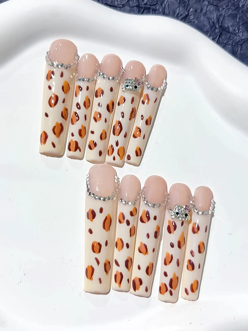 Long White Brown Square Abstract Animal Print Rhinestone