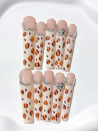 Long White Brown Square Abstract Animal Print Rhinestone