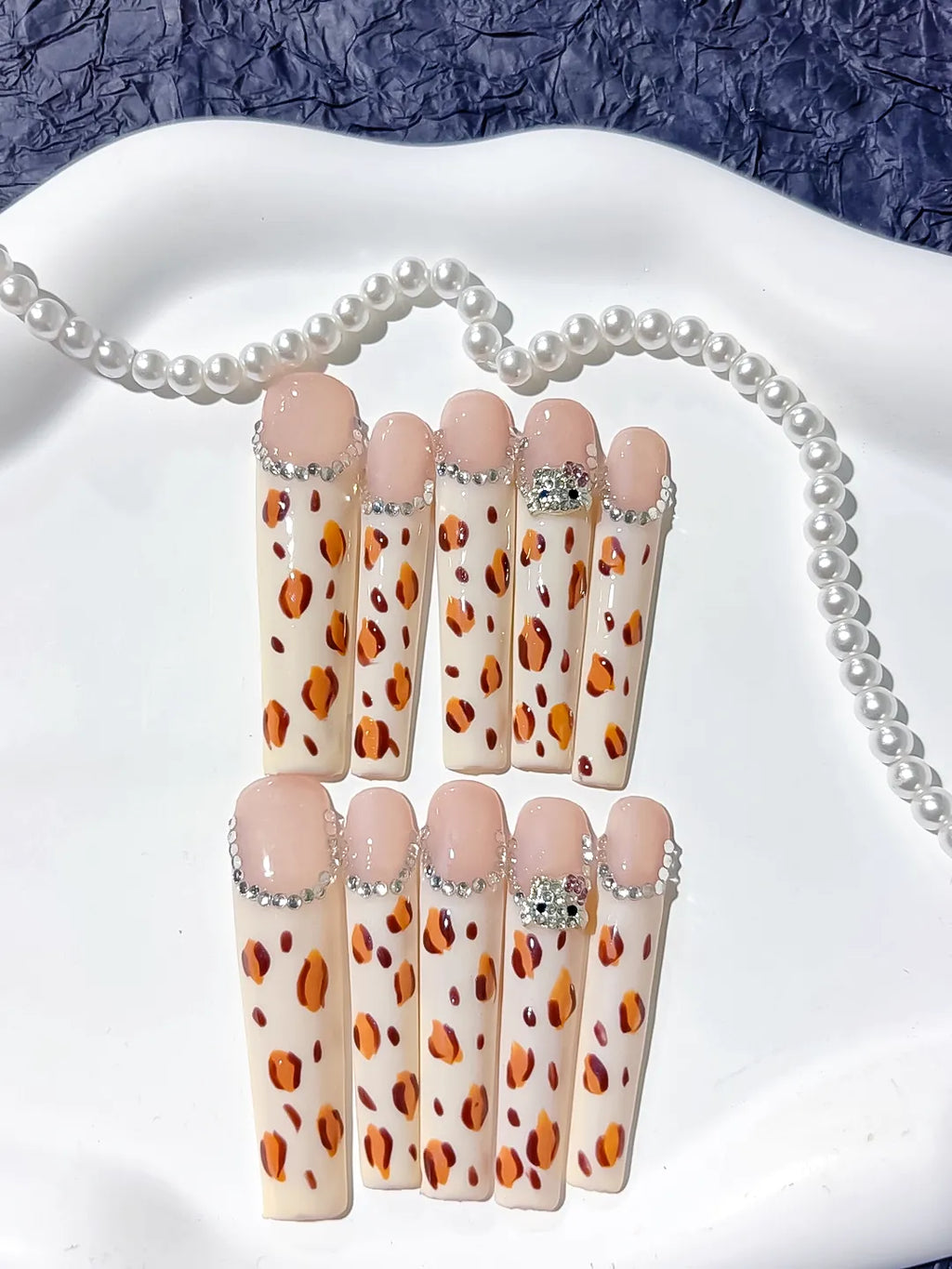 Long White Brown Square Abstract Animal Print Rhinestone