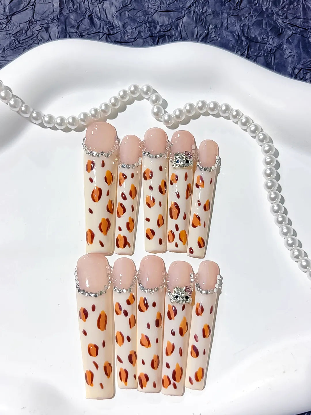 Long White Brown Square Abstract Animal Print Rhinestone
