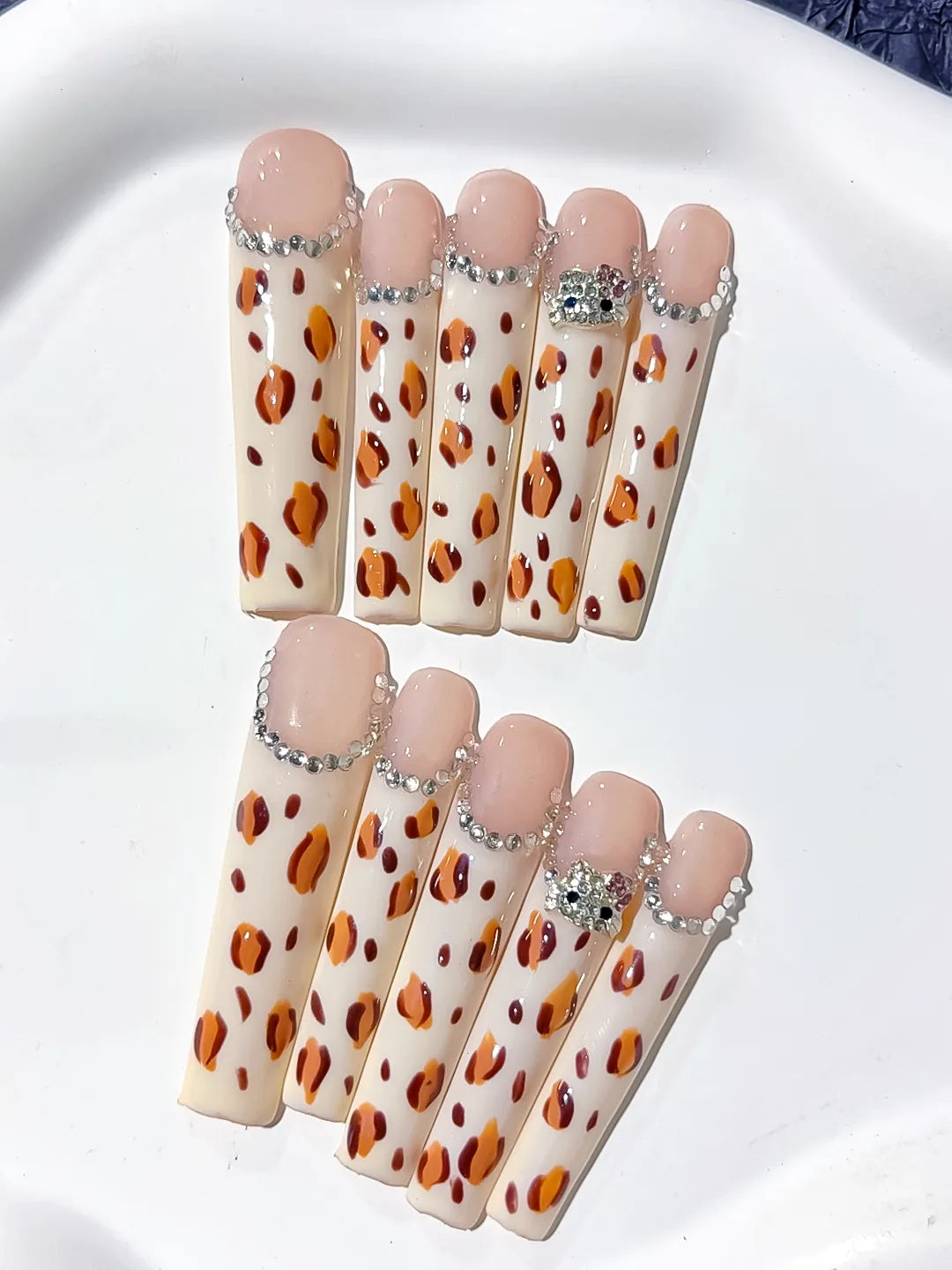 Long White Brown Square Abstract Animal Print Rhinestone