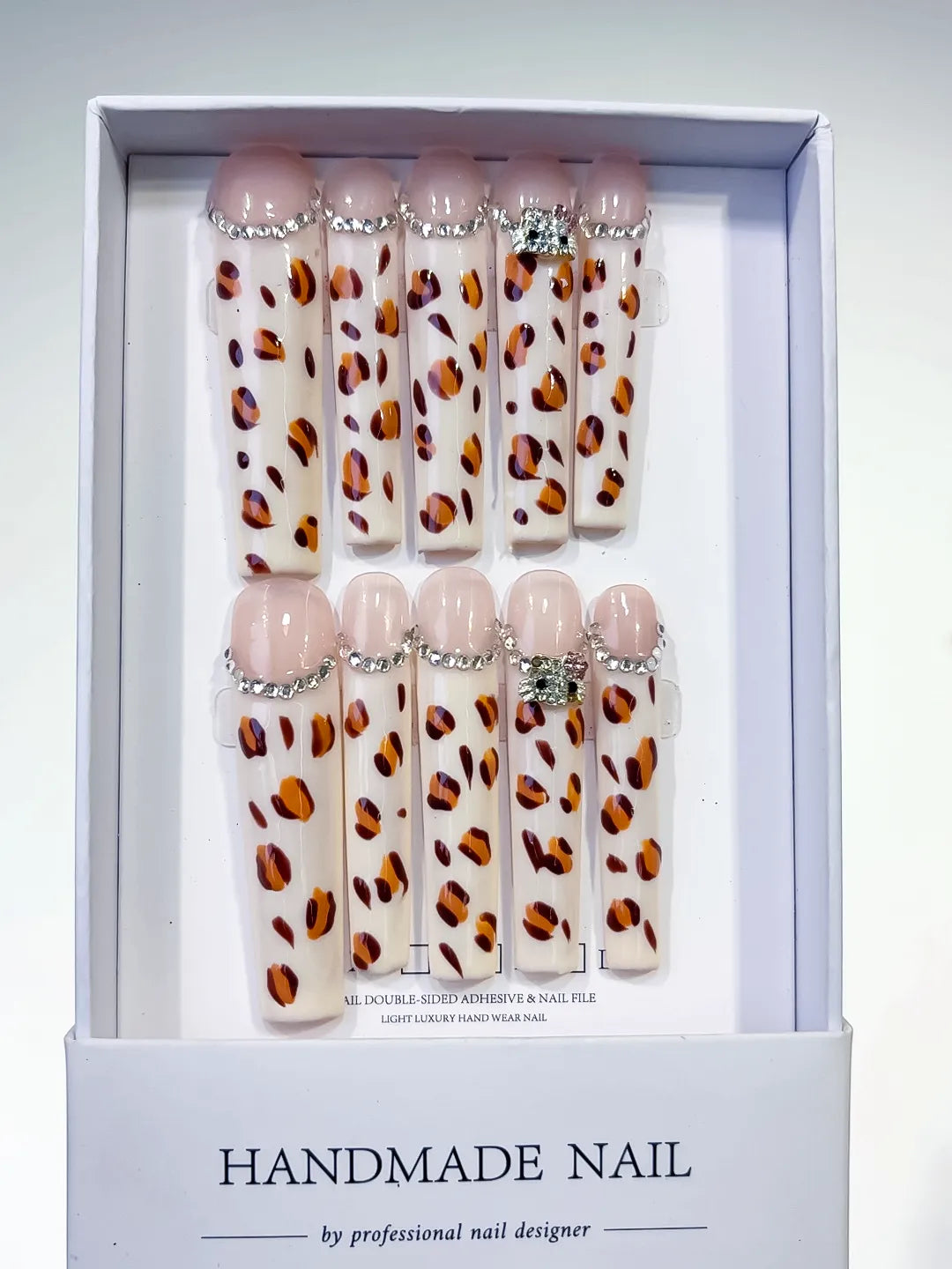 Long White Brown Square Abstract Animal Print Rhinestone