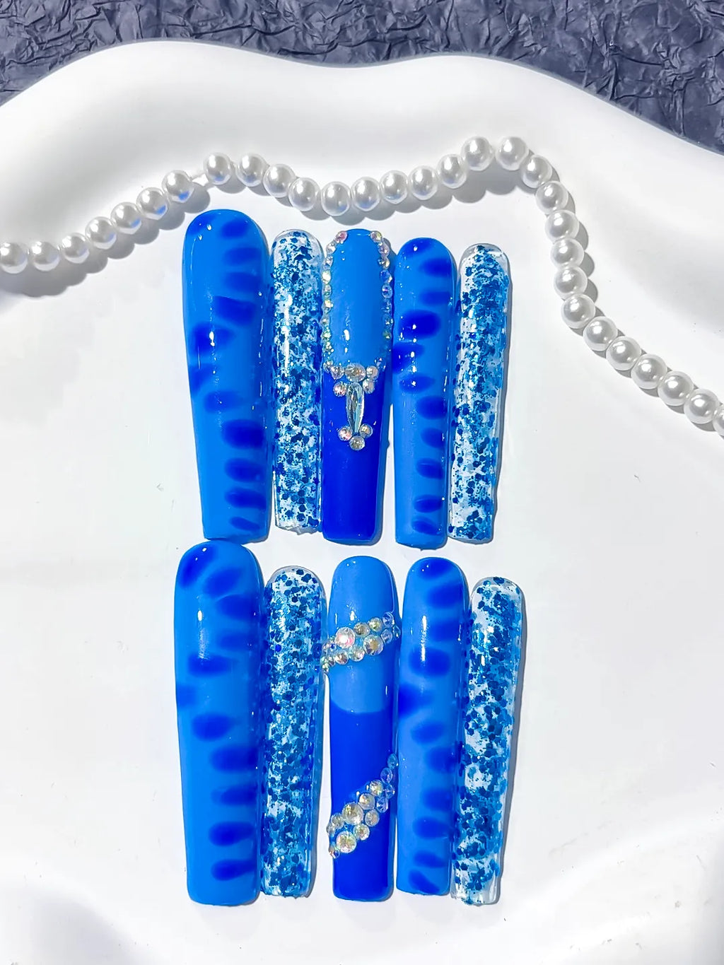 Long Blue White Square Glitter Cross Rhinestone