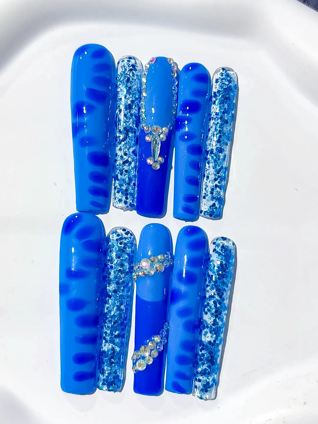 Long Blue White Square Glitter Cross Rhinestone