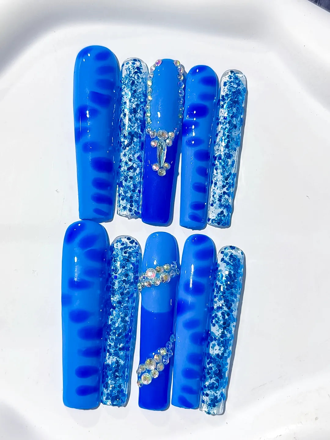 Long Blue White Square Glitter Cross Rhinestone