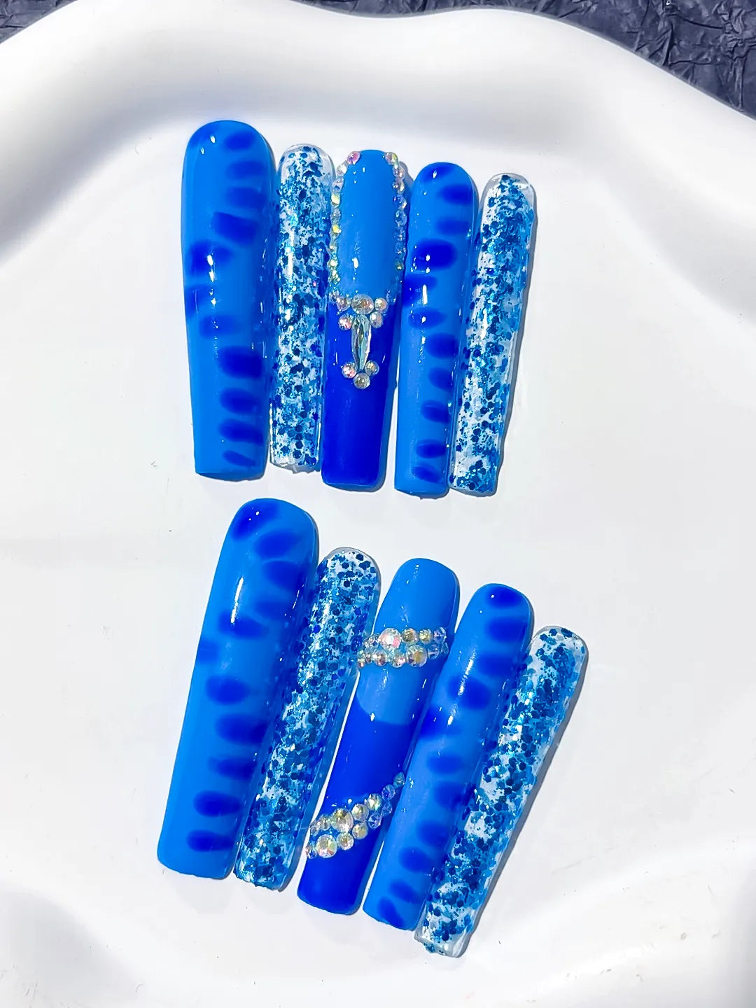 Long Blue White Square Glitter Cross Rhinestone