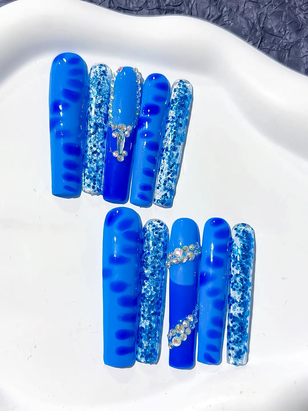 Long Blue White Square Glitter Cross Rhinestone