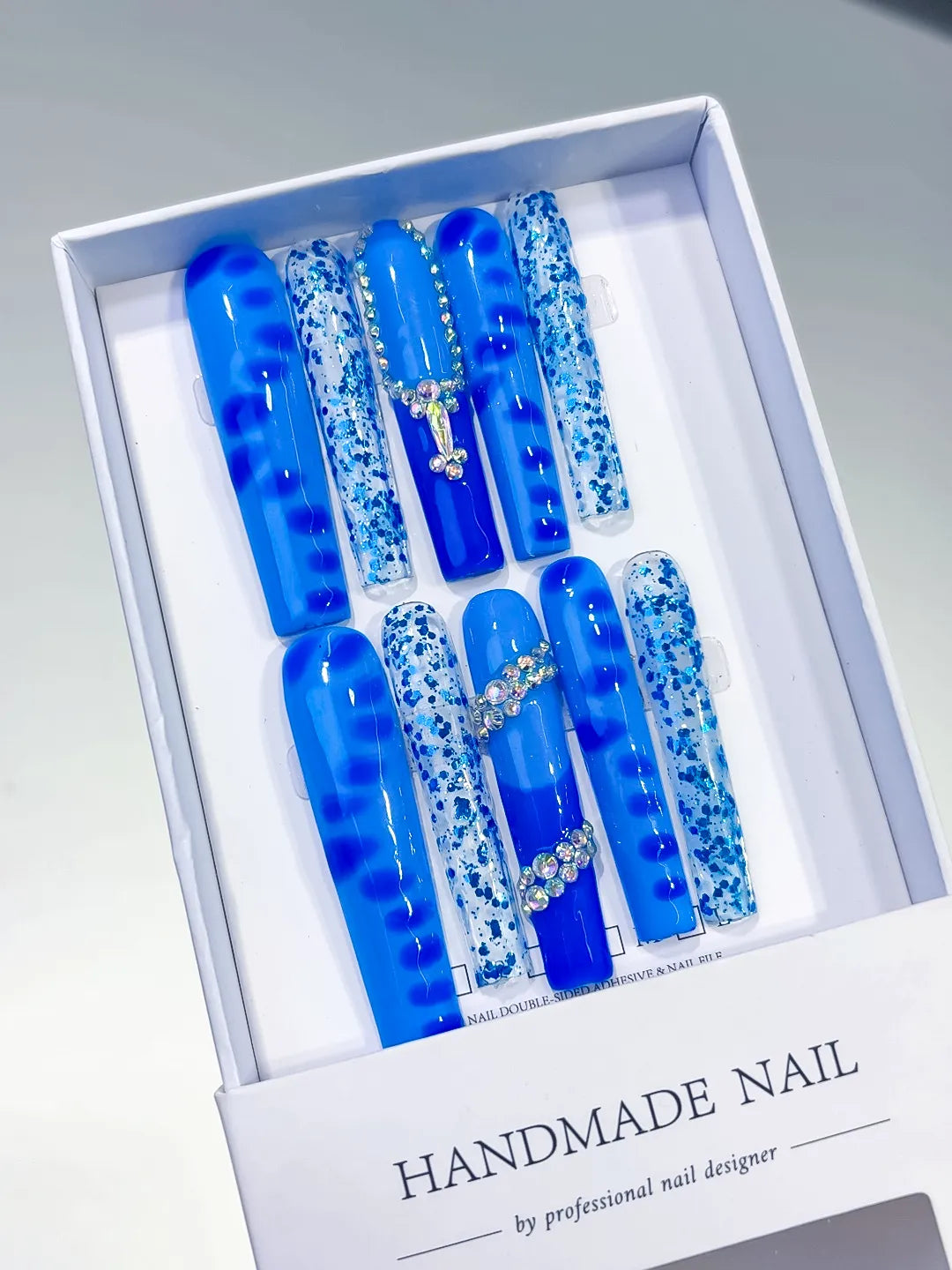 Long Blue White Square Glitter Cross Rhinestone