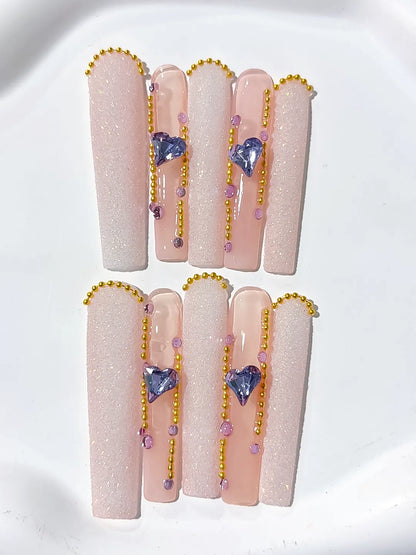 Long Nude White Square Glitter Heart Rhinestone