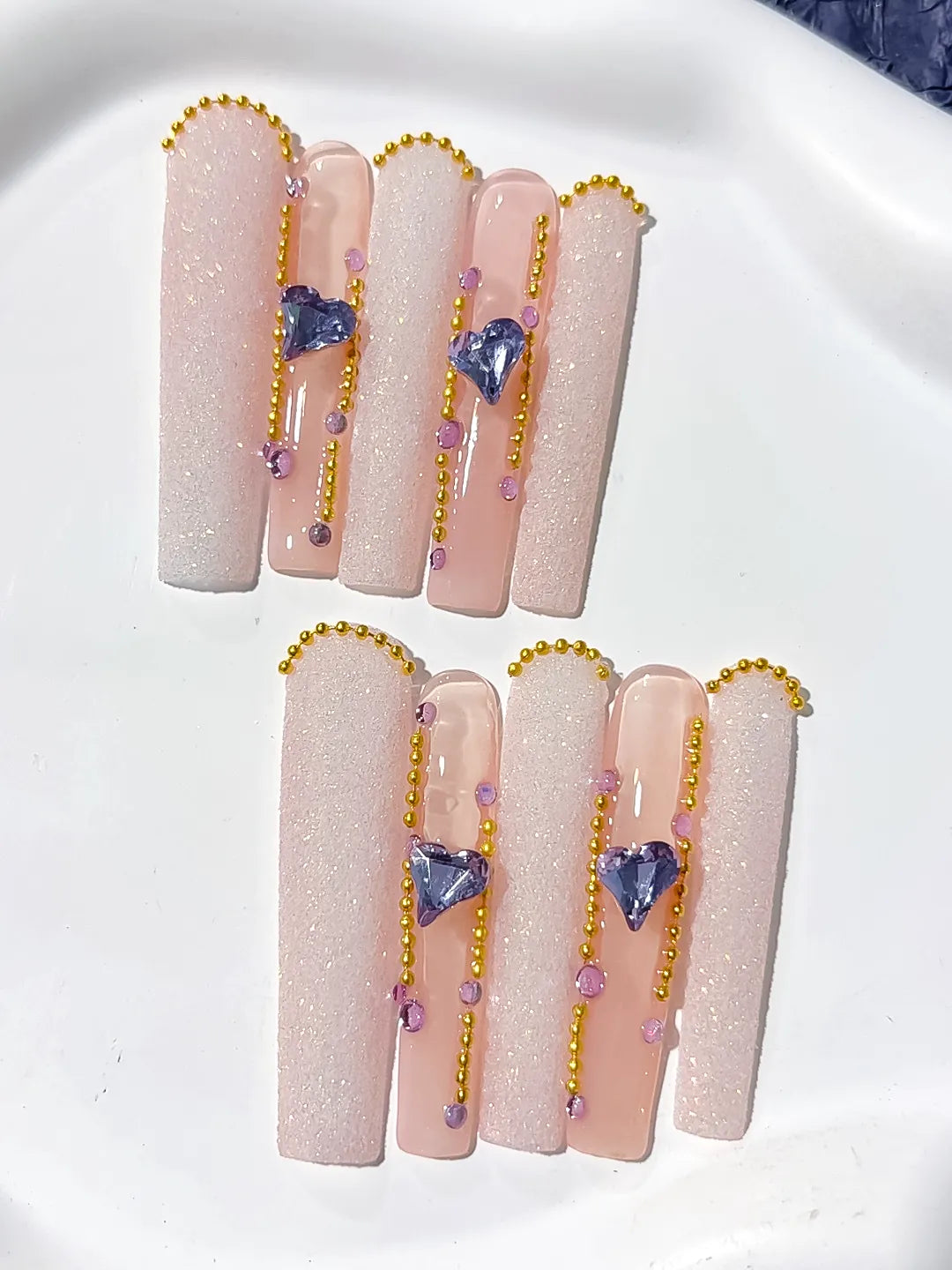 Long Nude White Square Glitter Heart Rhinestone