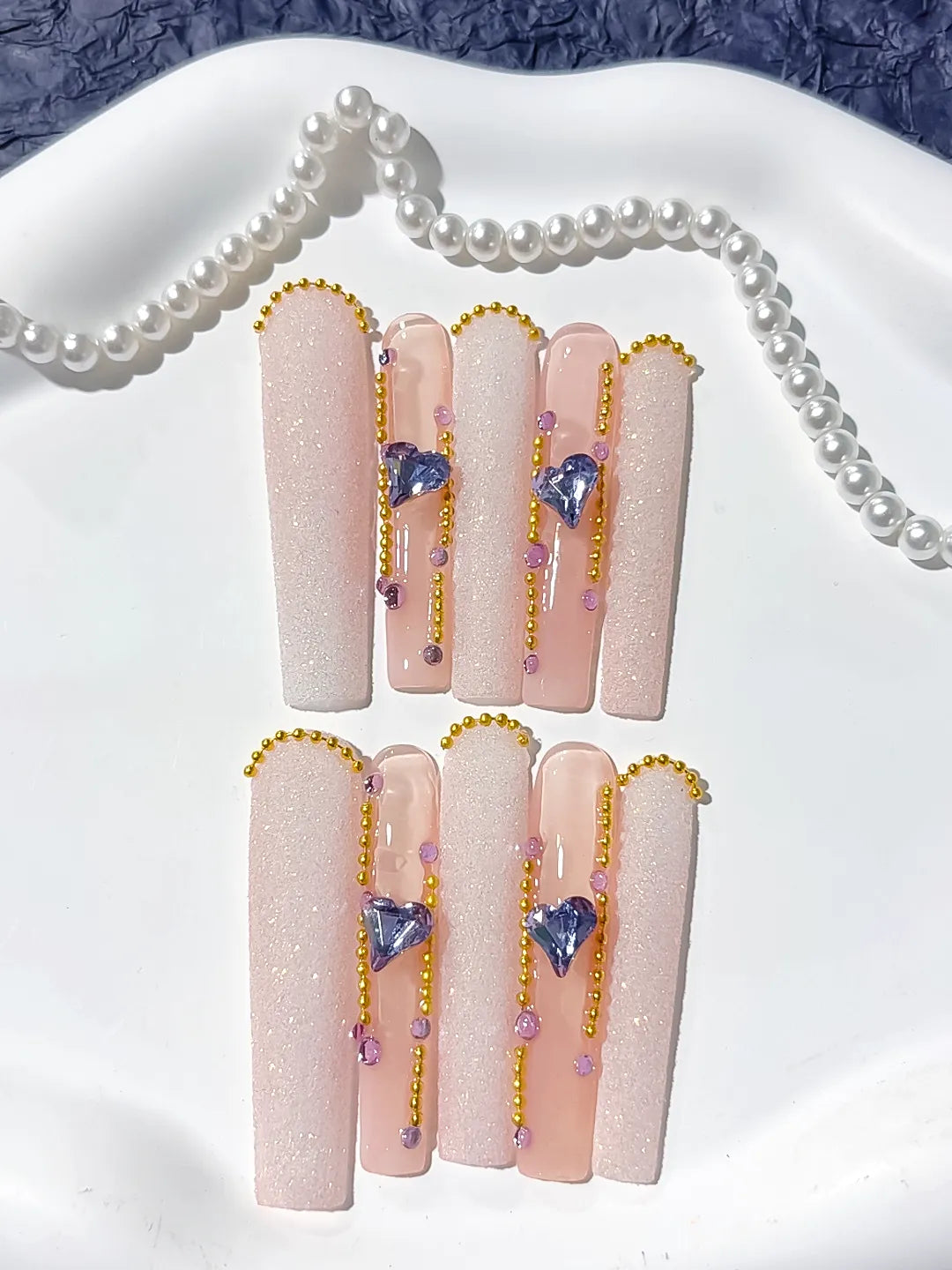 Long Nude White Square Glitter Heart Rhinestone
