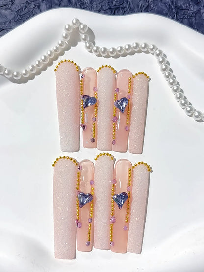 Long Nude White Square Glitter Heart Rhinestone