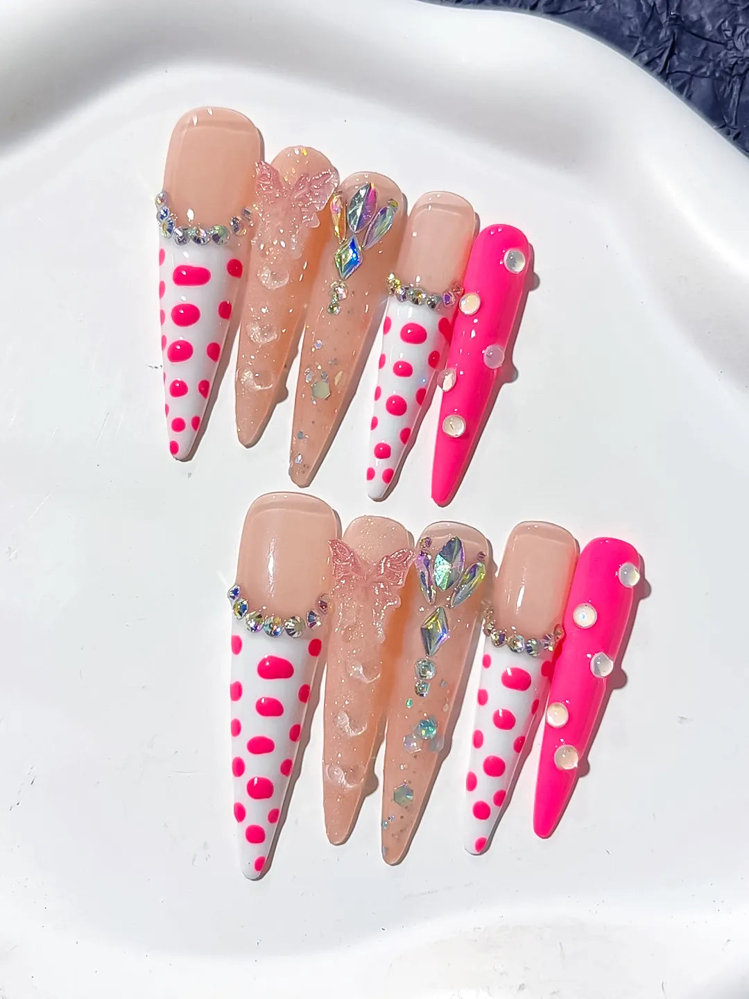 Long Nude White Stiletto Abstract Dot Pattern Bow