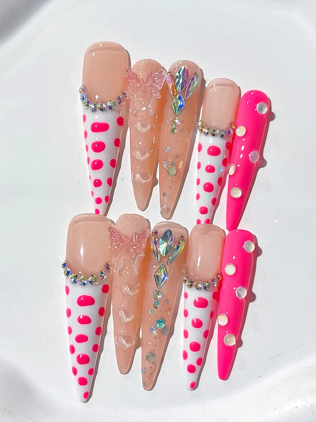 Long Nude White Stiletto Abstract Dot Pattern Bow